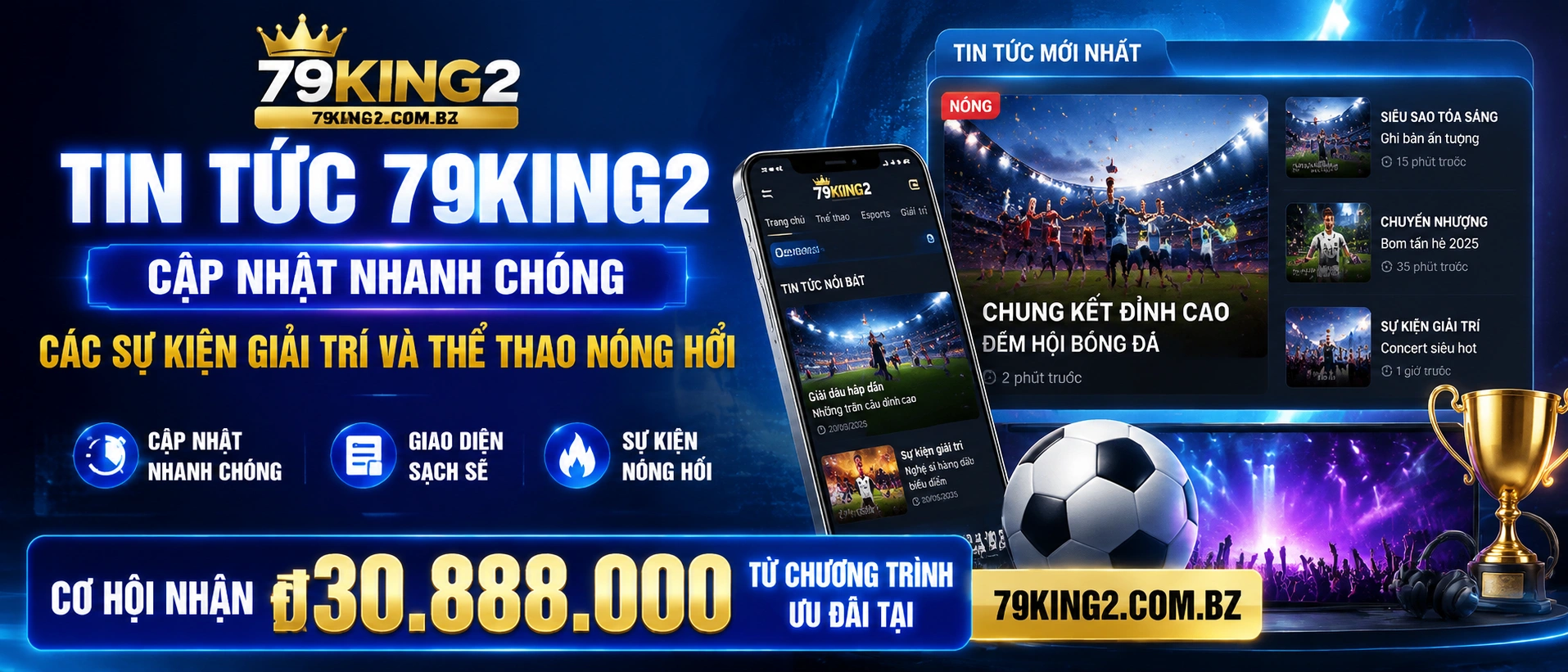 Giao diện tin tức 79KING2 với các thông báo khuyến mãi và cập nhật mới